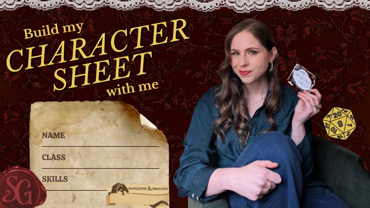 A stylized photo of Sierra, a white women with wavy hair. With "Build my Character Sheet with me"