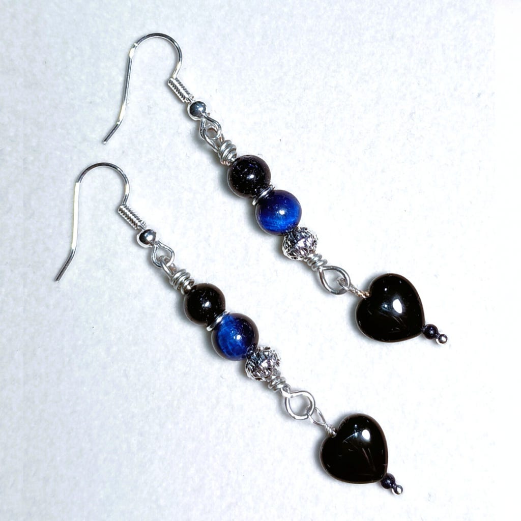 "My Black and Blue Heart" | Midnight Blue Tiger Eye & Goldstone, Hand-crafted, Dangle Earrings, flat