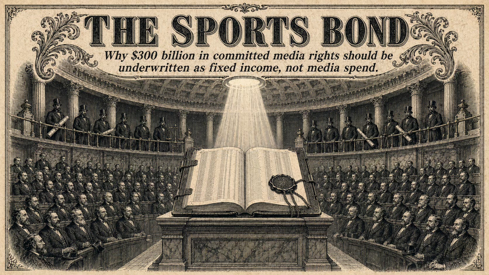 Editorial wood-engraving illustration in the style of Thomas Nast for Attention Capital's essay The Sports Bond. A monumental neoclassical financial chamber houses a massive contractual ledger on a marble pedestal at center frame, illuminated by a single beam of light from a domed oculus. A packed crowd of 19th century stadium spectators surrounds the ledger on tiered benches, while bankers in frock coats observe from an elevated balcony. The image visualizes sports media rights as the contractual asset that binds audience cash flow to credit underwriting, the central thesis of Attention Capital's analysis of the $300 billion sports media rights private credit market. Editorial wood-engraving illustration in the style of Thomas Nast for Attention Capital's essay The Sports Bond. A monumental neoclassical financial chamber houses a massive contractual ledger on a marble pedestal at center frame, illuminated by a single beam of light from a domed oculus. A packed crowd of 19th century stadium spectators surrounds the ledger on tiered benches, while bankers in frock coats observe from an elevated balcony. The image visualizes sports media rights as the contractual asset that binds audience cash flow to credit underwriting, the central thesis of Attention Capital's analysis of the $300 billion sports media rights private credit market.