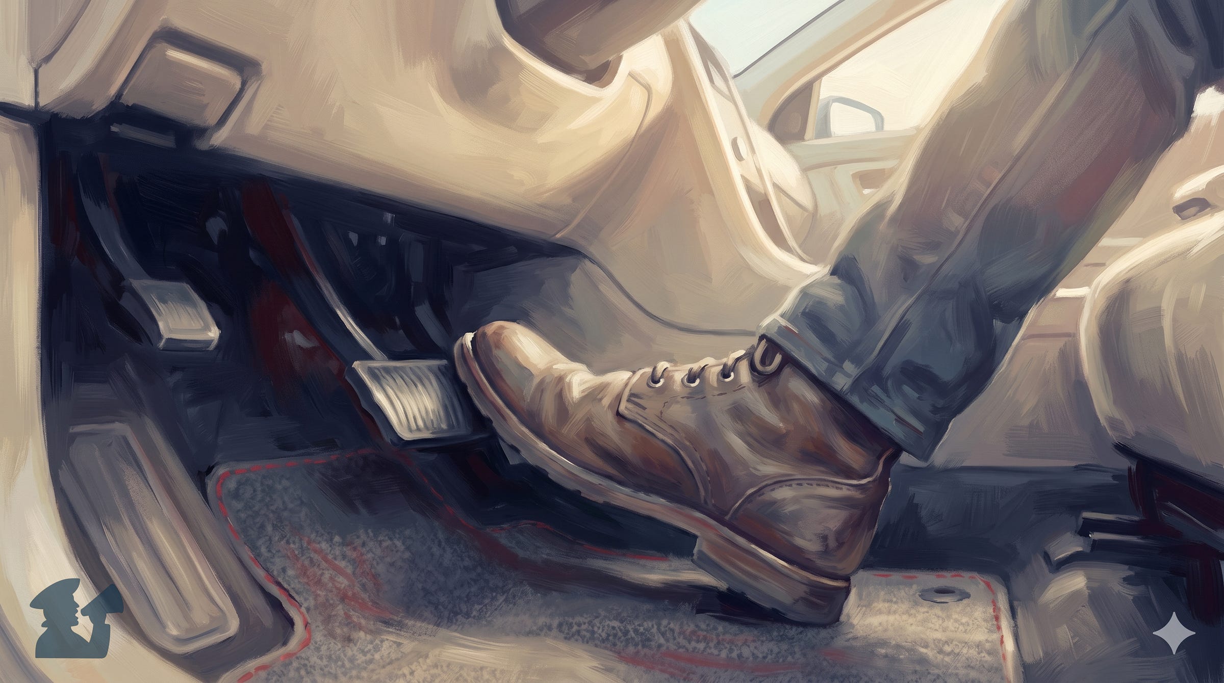 An artistic, hand-painted digital illustration from a low, floorboard perspective shows a person's foot, clad in a worn, brown leather work boot and denim jeans, pressing down hard on the accelerator pedal of a car. The interior of the car is rendered in warm beige and soft tan tones, with a distinct floor mat that has a red border and texture. The pedal is fully depressed toward the floor, conveying a sense of determined action and momentum. Soft, warm daylight filters in from the side window, creating painterly brushstrokes across the interior. The composition captures the foot firmly engaged with the gas pedal, representing full speed ahead. An artistic, hand-painted digital illustration from a low, floorboard perspective shows a person's foot, clad in a worn, brown leather work boot and denim jeans, pressing down hard on the accelerator pedal of a car. The interior of the car is rendered in warm beige and soft tan tones, with a distinct floor mat that has a red border and texture. The pedal is fully depressed toward the floor, conveying a sense of determined action and momentum. Soft, warm daylight filters in from the side window, creating painterly brushstrokes across the interior. The composition captures the foot firmly engaged with the gas pedal, representing full speed ahead.