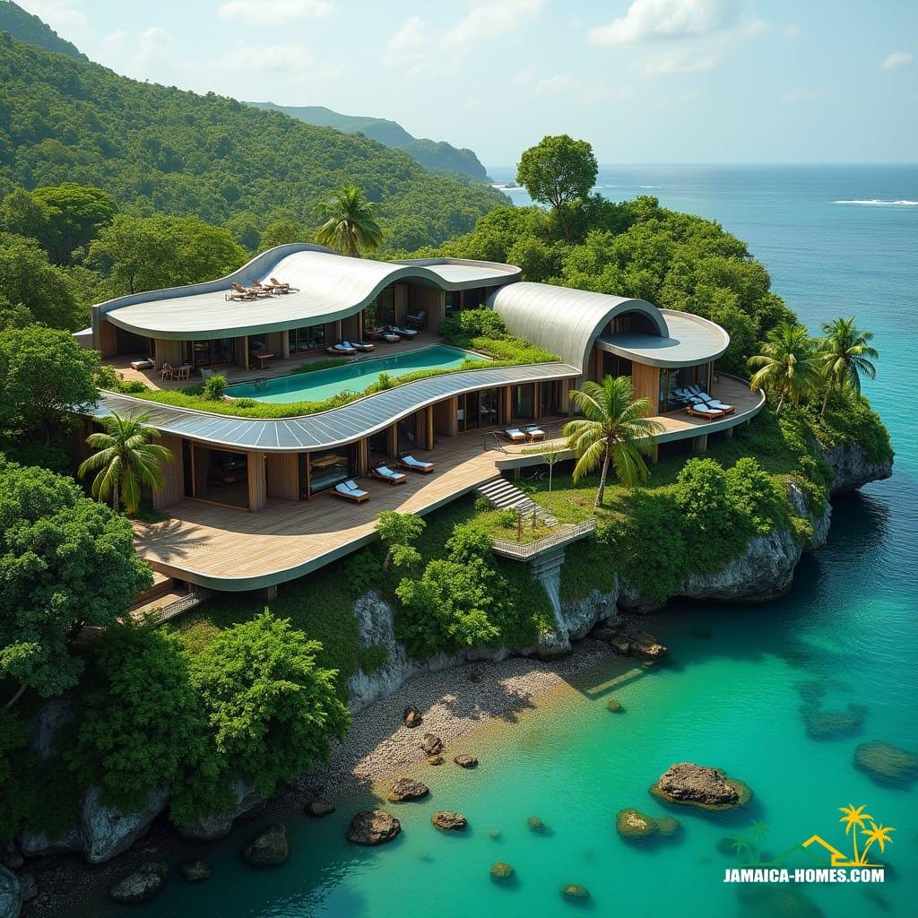 A luxurious Jamaican resort, nestled among lush green hills and turquoise waters, featuring sleek, solar-powered buildings with curved lines and angular silhouettes, crafted from eco-conscious materials such as reclaimed wood and low-carbon concrete, with lush vegetation integrated into the design, showcasing a seamless blend of natural beauty and sustainable architecture