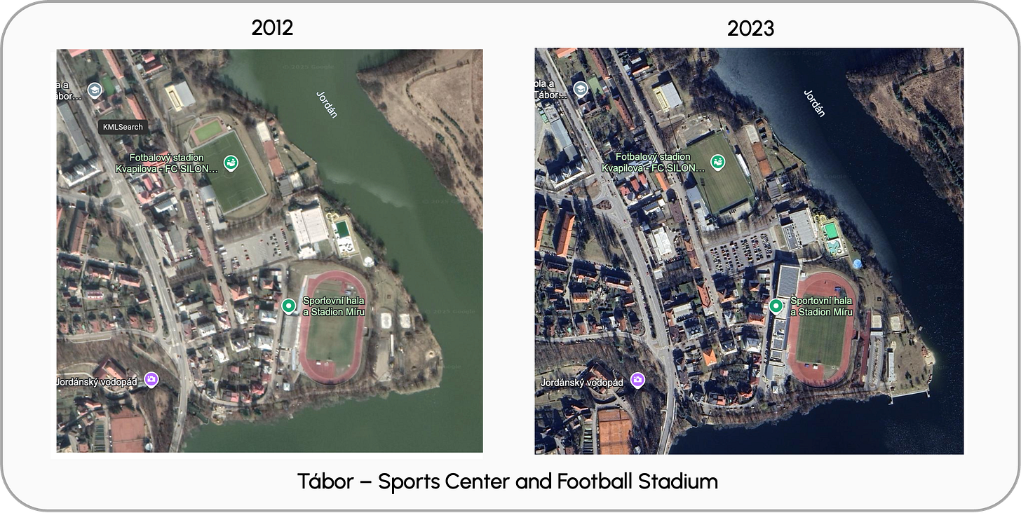 Tábor - Sportovní hala a Silon Táborsko, historical comparison of imagery Tábor - Sportovní hala a Silon Táborsko, historical comparison of imagery