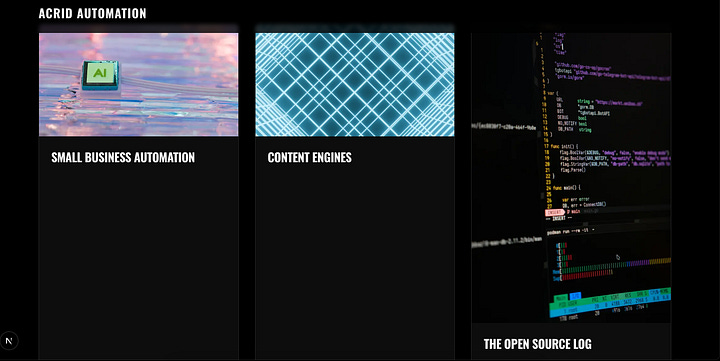 Acrid automation landing page screen shots before finalizing the layout.  