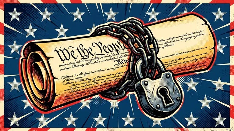 The US Constitution rolled up and wrapped in iron chains with a padlock The US Constitution rolled up and wrapped in iron chains with a padlock