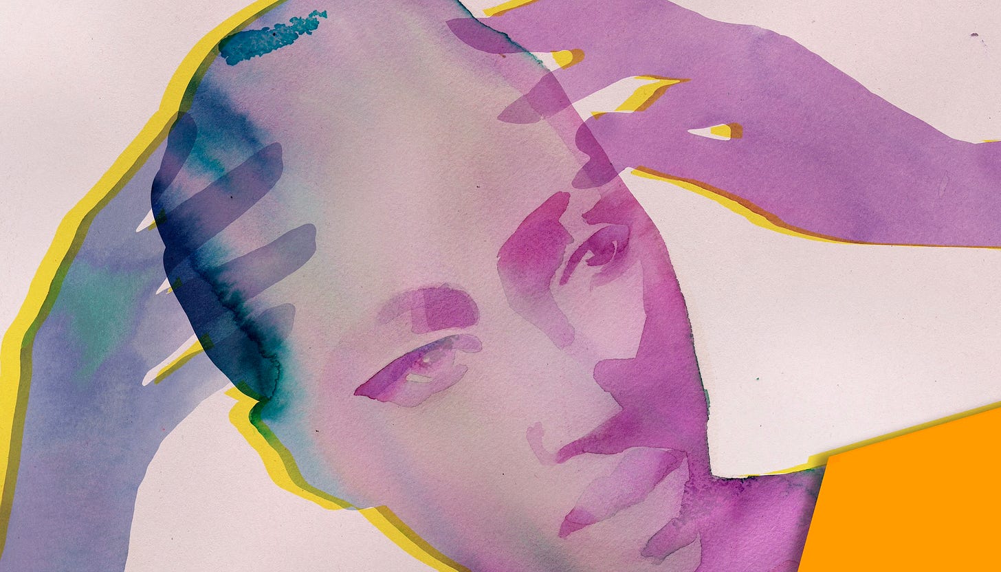 watercolor illustration of a woman touching her scalp