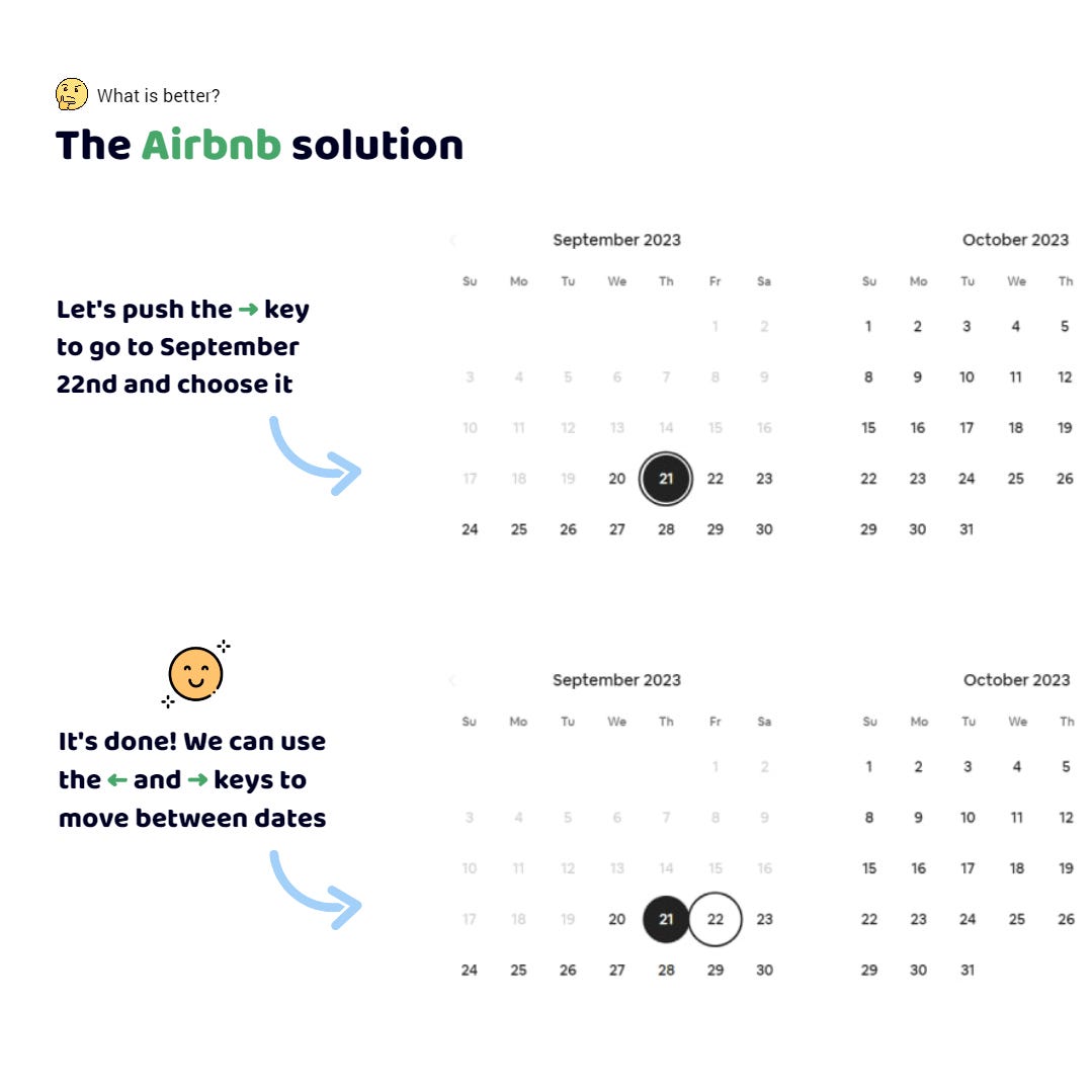 The Airbnb app. I choose the date of check-in at the hotel. I use the keyboard. The calendar is open. I am on September 21st. I press the right arrow key. Oh, the app moved me to September 22nd