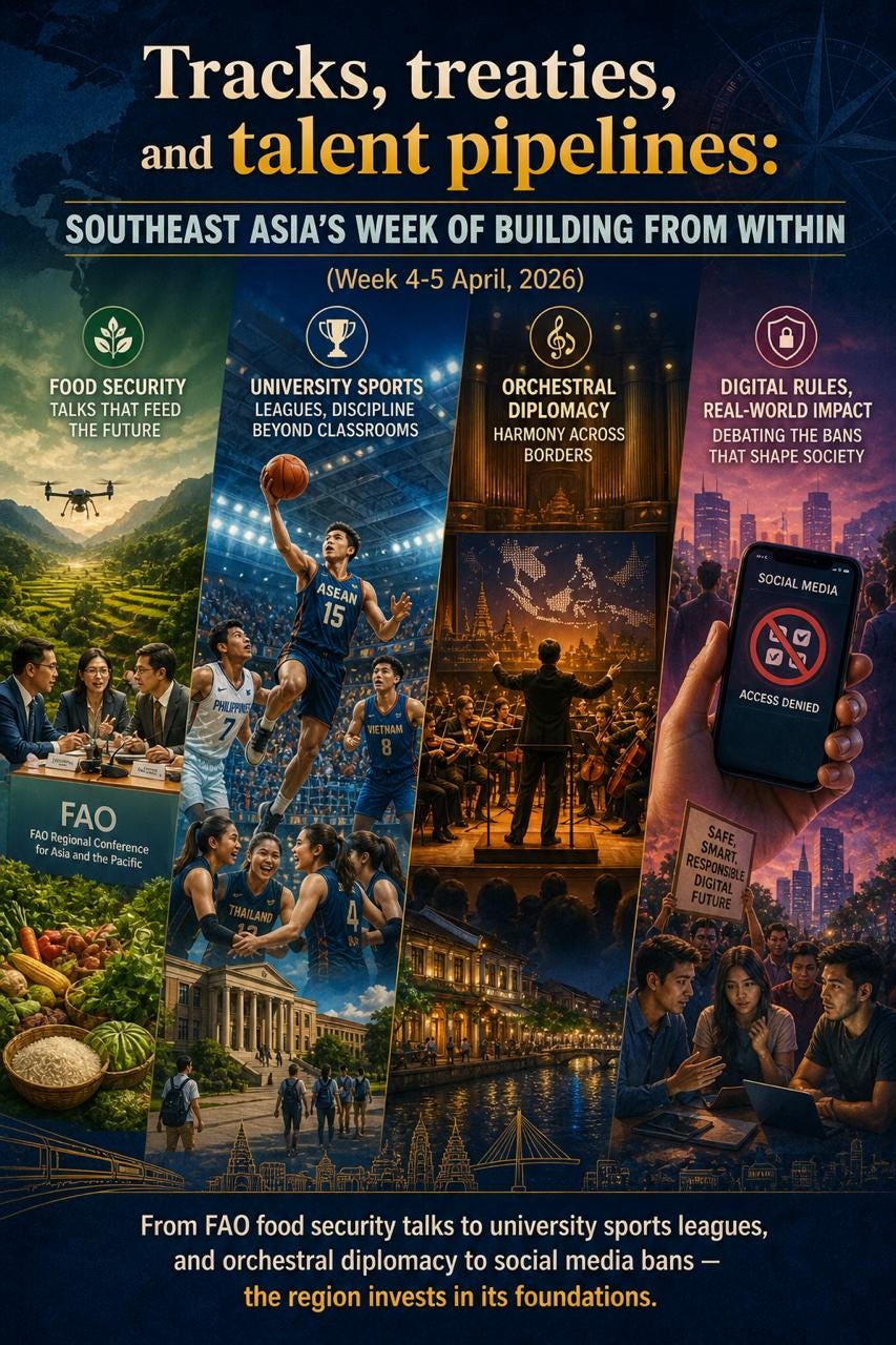This image contains a collage of illustrations from the week's news, with a blue background, and includes images of basketball players, the FAO logo, and others.