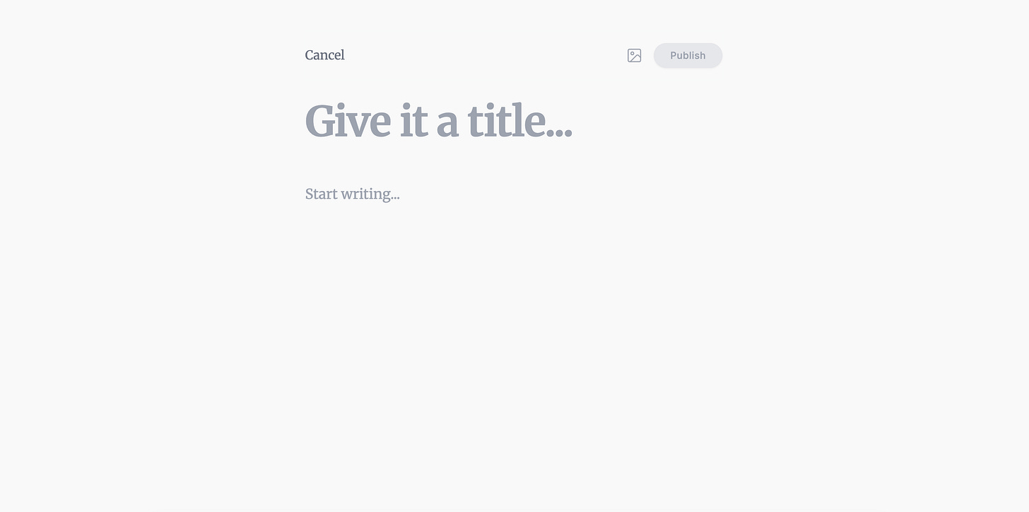 A clean web page shows large gray placeholder text for a title and a body paragraph to start writing. A clean web page shows large gray placeholder text for a title and a body paragraph to start writing.