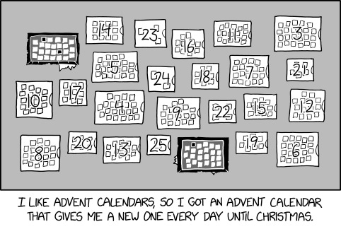 The growth rate of items per day may may seem absurd, but it's actually much less than the acceleration in the 12 Days of Christmas song. Advent Calendar Advent Calendar