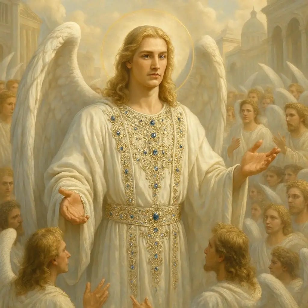 A handsome and very beautiful angel that has long blonde hair and wears a white robe that is adorned in jewels, standing in the city courts debating large groups of angels in the streets of heaven. realistic. heavenly. in heaven.