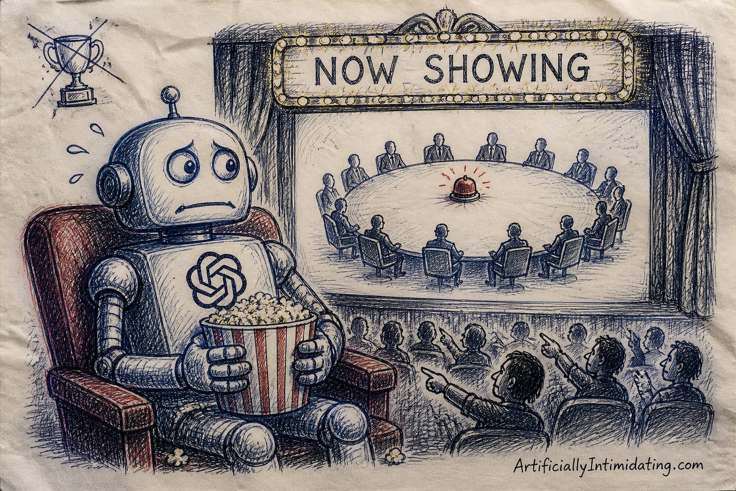 A nervous robot in a velvet cinema seat clutches popcorn while watching a boardroom table with a red alarm bell on screen, under a marquee reading NOW SHOWING.
