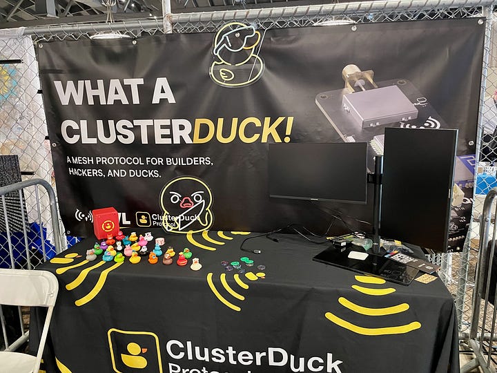 A gallery of images showing a roboticized garbage bin on wheels, the ClusterDuck protocol booth, and a series of Duck units mailed to me by the wonderful team at Owl Technologies, and the redwoods in Muir Woods.