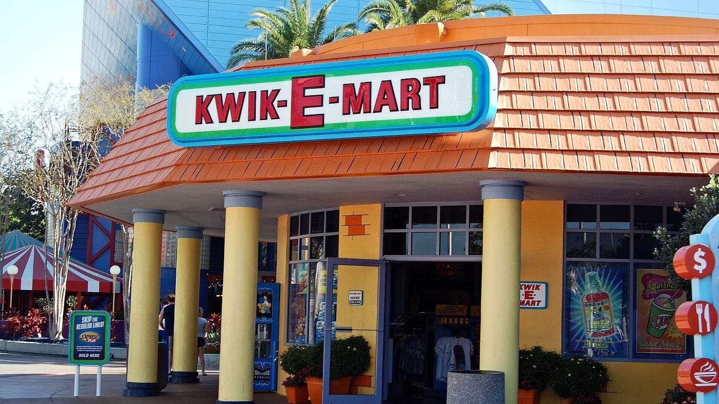 The Kwik-E-Mart at Universal Studios Florida. Image: johnnycorduroy via Wikimedia Commons The Kwik-E-Mart at Universal Studios Florida. Image: johnnycorduroy via Wikimedia Commons