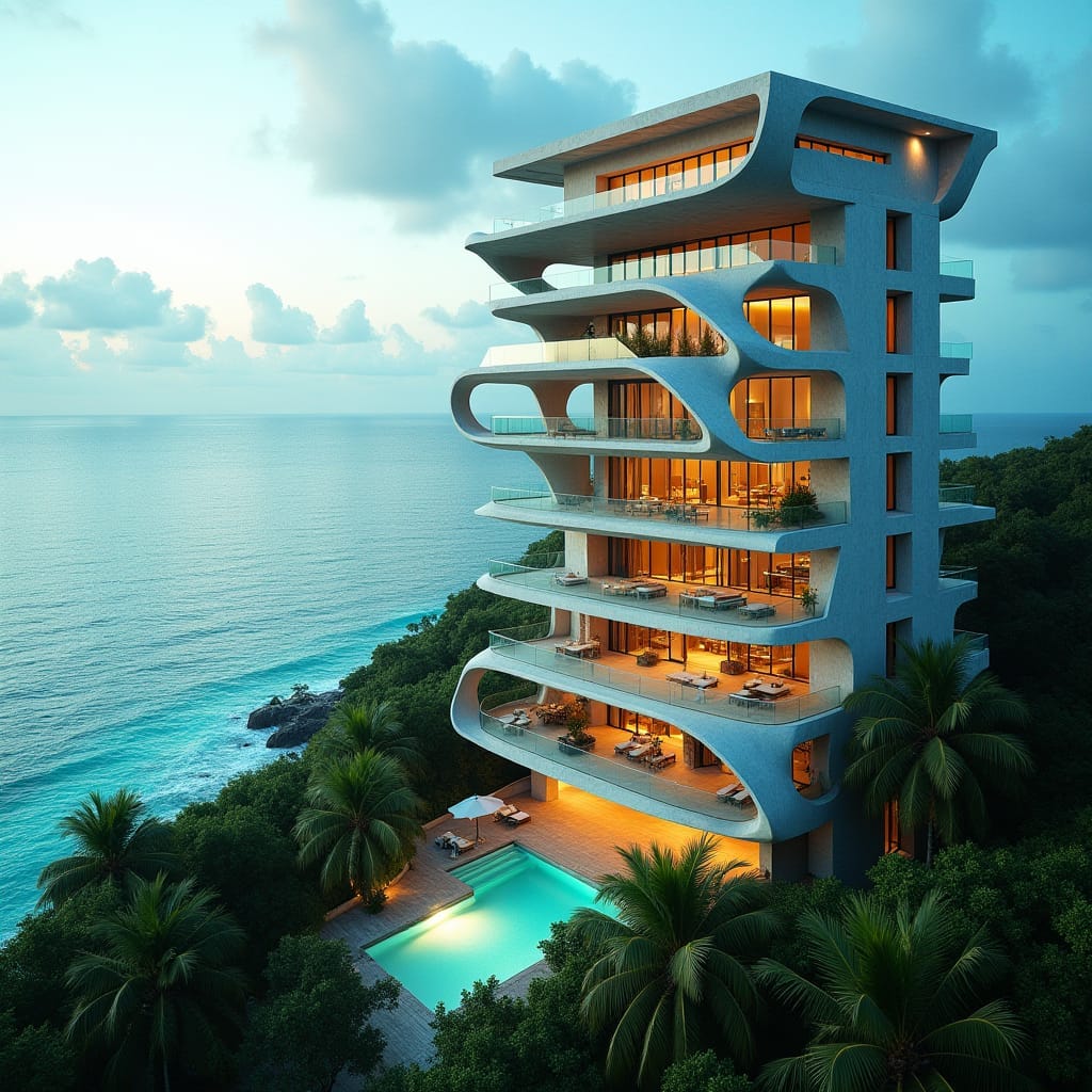 Sleek, modern Jamaican skyscraper in Ocho Rios, Jamaica, rising from the sea, with multiple levels of glimmering pools, expansive glass surfaces, and rugged concrete platforms, featuring dramatic protruding platforms at various heights, overlooking the turquoise Caribbean waters.