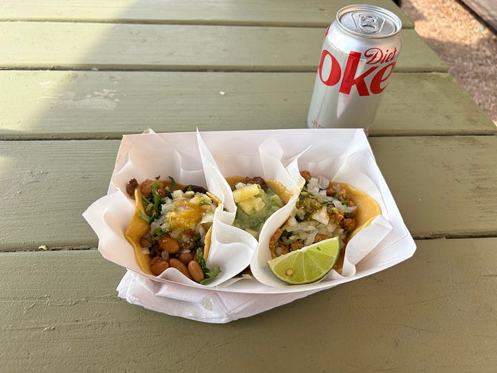 food truck, people, tacos, can, picnic table