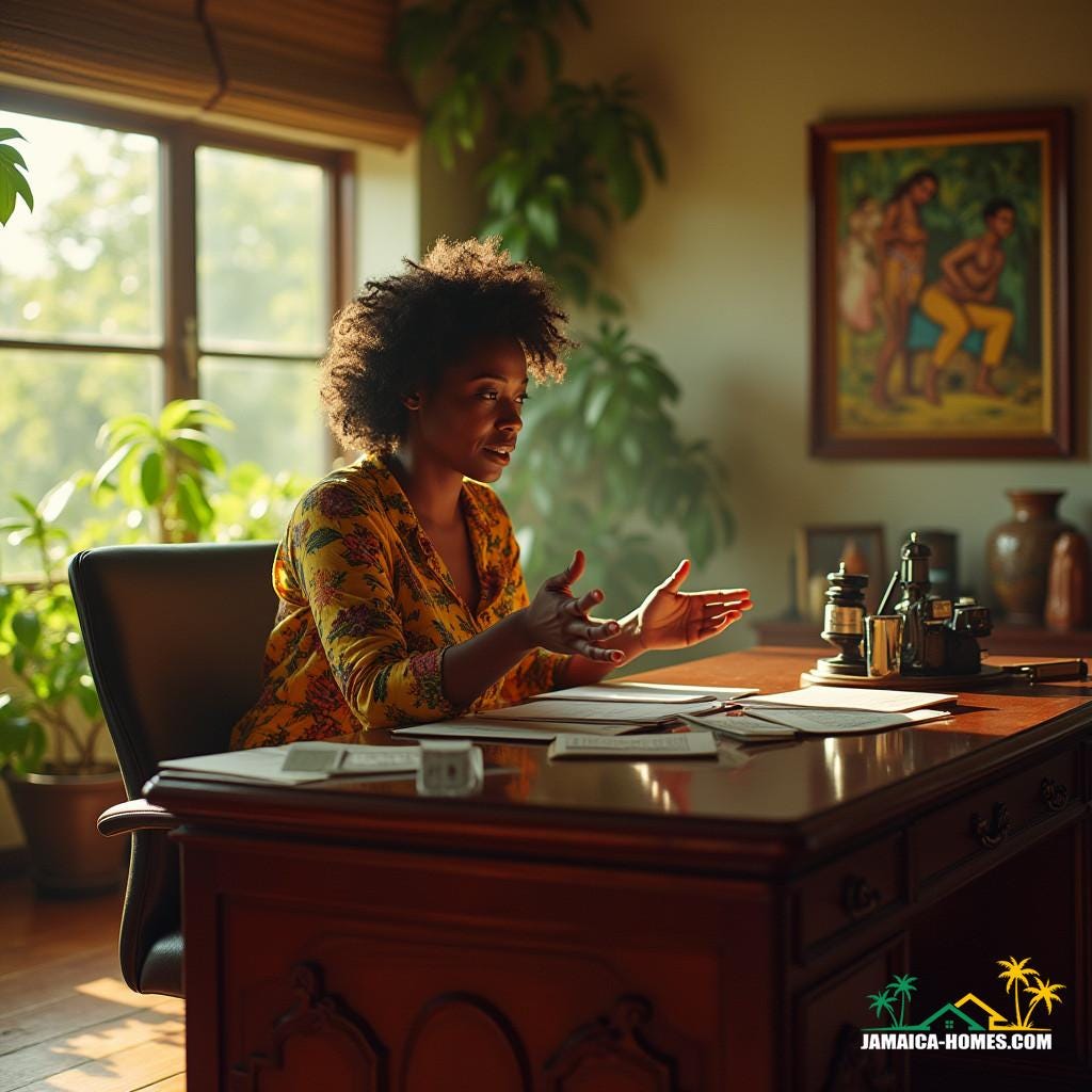 Middle-aged Jamaican businesswoman with warm, golden-brown skin and curly black hair, dressed in a vibrant, island-inspired blouse and tailored pantsuit, sits behind a richly polished mahogany desk in her cozy, sun-drenched Caribbean office