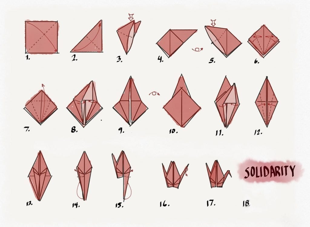 Step by step visual instructions on how to fold a paper crane. The last step says SOLIDARITY in all caps. Step by step visual instructions on how to fold a paper crane. The last step says SOLIDARITY in all caps.