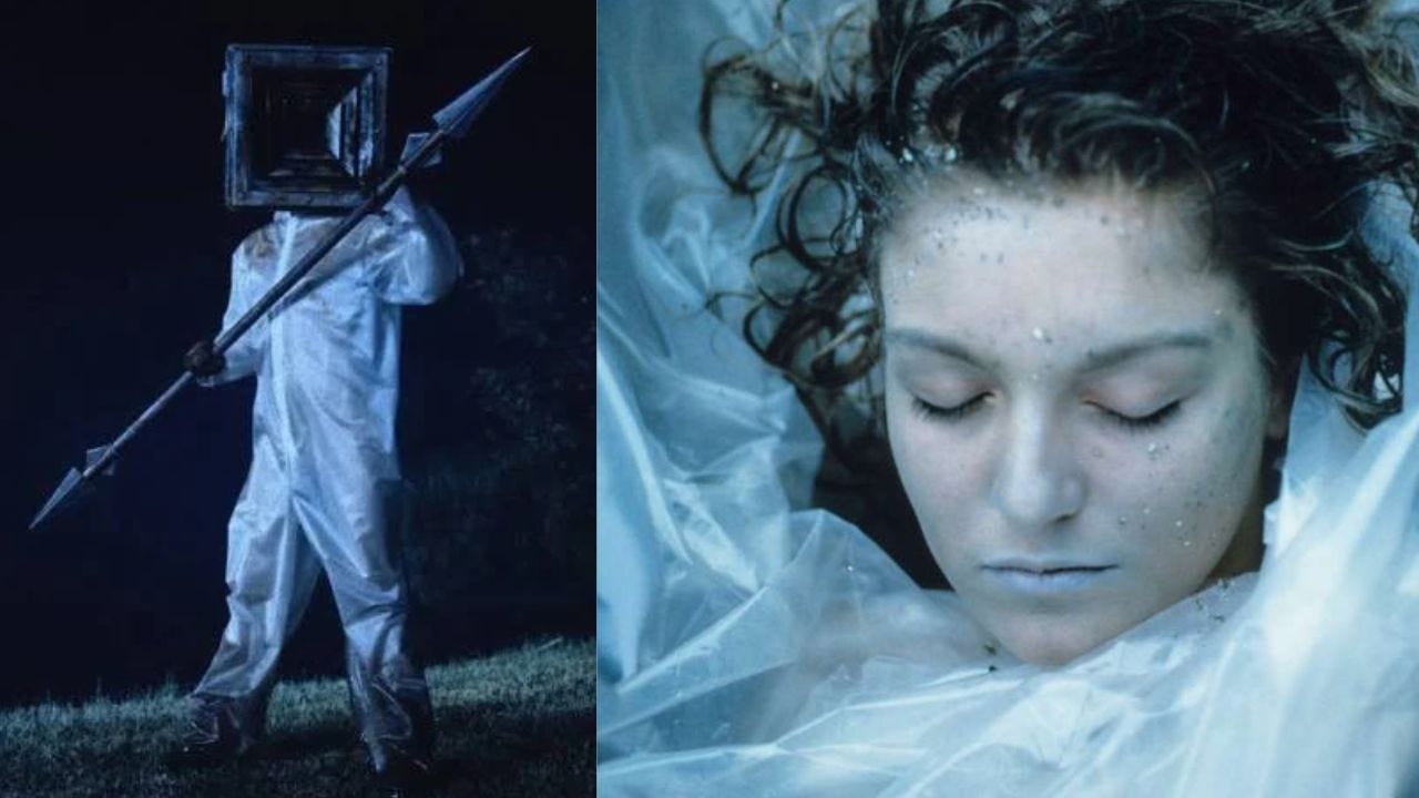 O personagem Little Death de corpo inteiro ao lado de um close no rosto de Laura Palmer morta