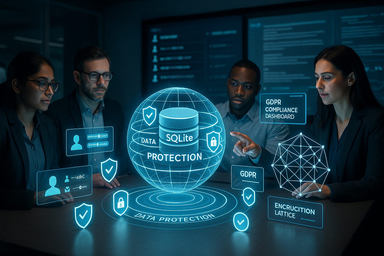 Team reviewing holographic SQLite data protection and GDPR compliance visuals in a tech room. Team reviewing holographic SQLite data protection and GDPR compliance visuals in a tech room.