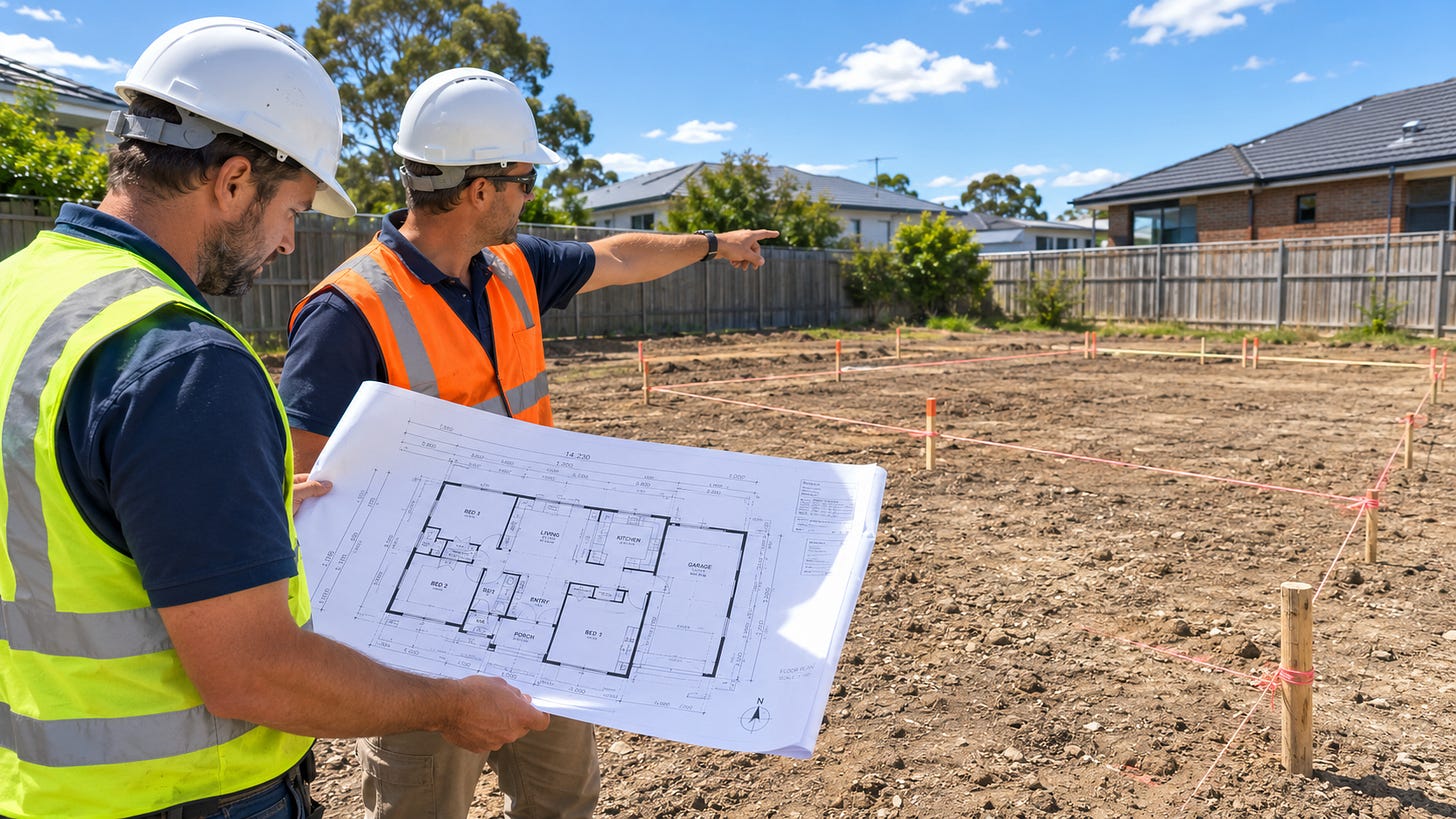Two builders in hi-vis vests and white hard hats stand on a marked-out, cleared building plot in a suburban neighbourhood. The man on the left holds a large blueprint of the building. The man on the right points towards the plot, which is staked out with wooden pegs and string outlining the house’s footprint. Two builders in hi-vis vests and white hard hats stand on a marked-out, cleared building plot in a suburban neighbourhood. The man on the left holds a large blueprint of the building. The man on the right points towards the plot, which is staked out with wooden pegs and string outlining the house’s footprint.