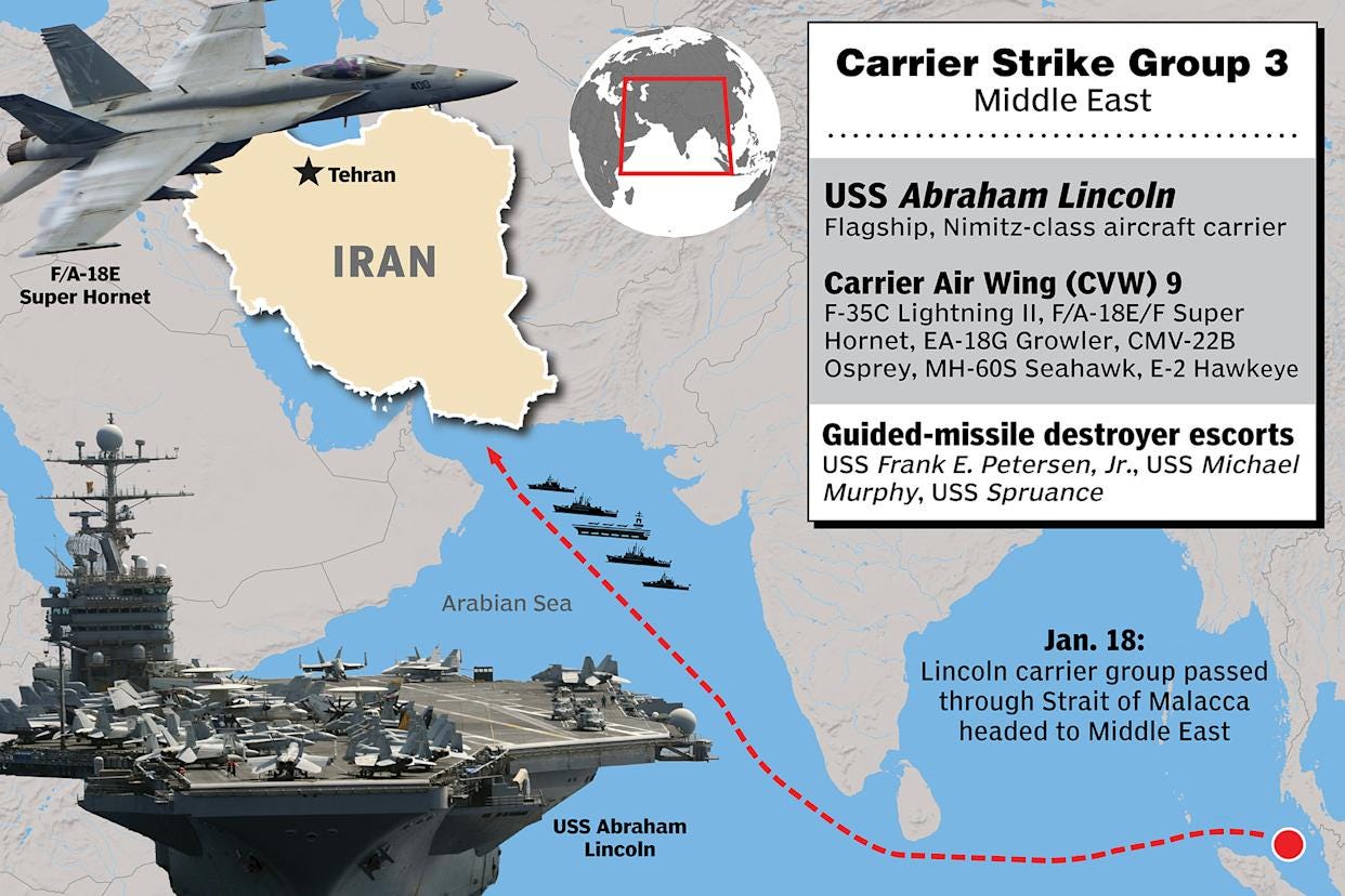 Illustration of the USS Abraham Lincoln Carrier Strike Group 3's journey to the Middle East, with a detailed list of its ships and aircraft. Illustration of the USS Abraham Lincoln Carrier Strike Group 3's journey to the Middle East, with a detailed list of its ships and aircraft.