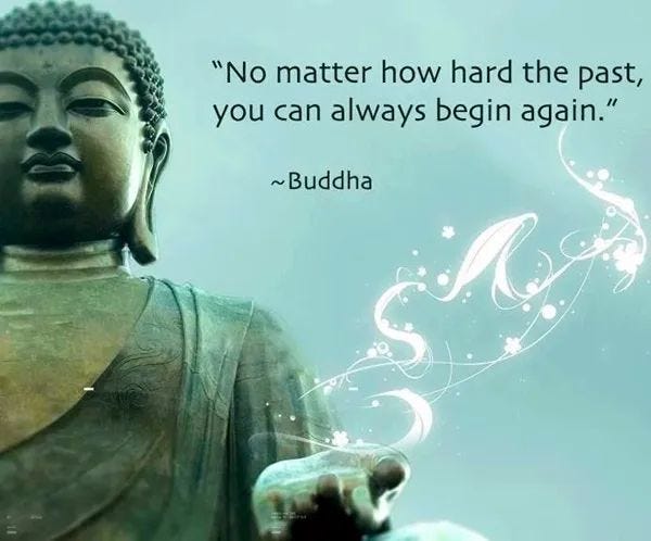 A buddha statue with the text "no matter how hard the past you can always begin again" it attributes the quote to Buddha A buddha statue with the text "no matter how hard the past you can always begin again" it attributes the quote to Buddha