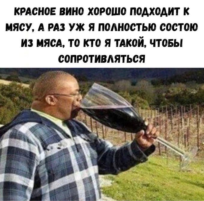 A man wearing a plaid jacket and glasses drinks red wine from a large wine glass. He is outdoors in a grassy area with hills and trees in the background. Russian text is overlaid on the image.