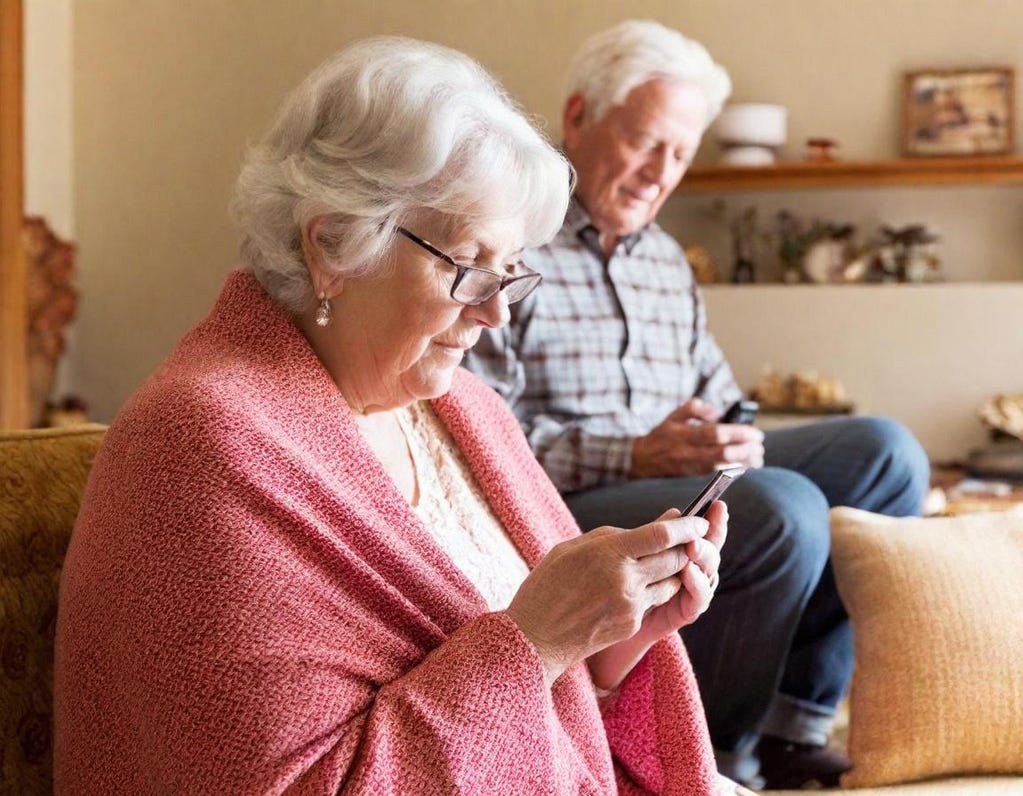 75-year-old woman is wrapped in a blanket on a couch in a living room with her 75-year-old husband sits near her and is engrossed with messages from his cell phone. 75-year-old woman is wrapped in a blanket on a couch in a living room with her 75-year-old husband sits near her and is engrossed with messages from his cell phone.