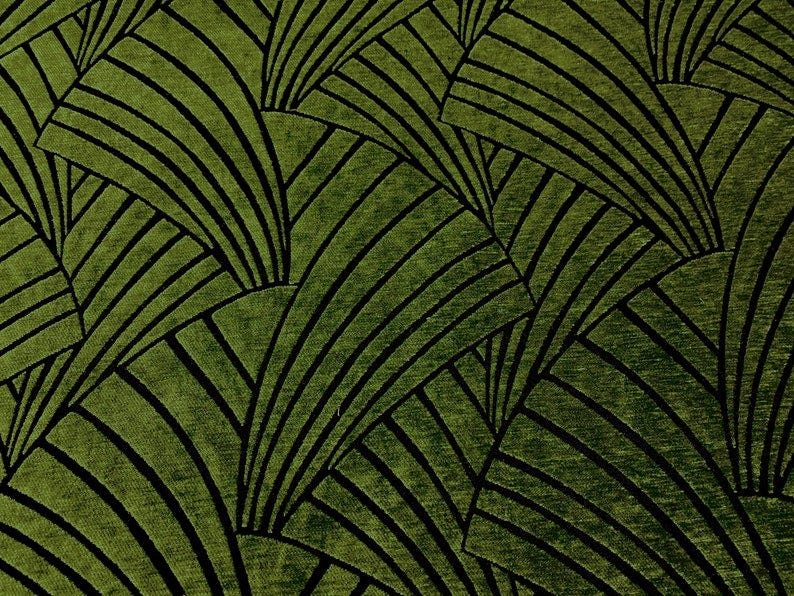Lustrous Pear Green Art Deco Fans Fine Cotton Blend Jacquard Cut Chenille, Made In Spain image 1 Lustrous Pear Green Art Deco Fans Fine Cotton Blend Jacquard Cut Chenille, Made In Spain image 1