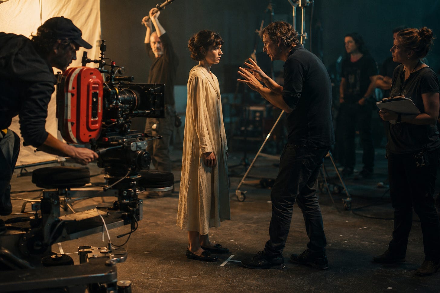 A film set between takes: an actor stands on a chalk mark facing a cinema camera while a director leans in close to give a quiet note, with crew and a boom operator visible in the background