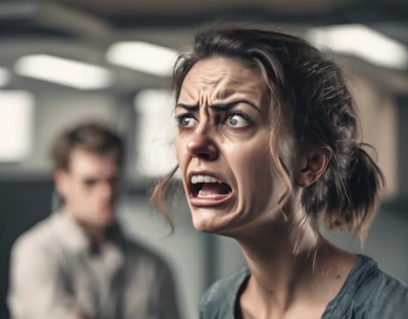 An angry woman throwing a fit with a man looking on in the background.  Frontotemporal Dementia.