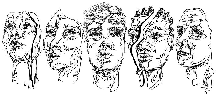The Girl Puzzle logo, loose drawn lines in black and white of each of the faces in the monument