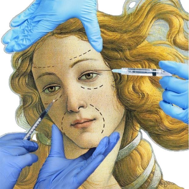 This may contain: a drawing of a woman with blue gloves on her head and hands holding a syringle in front of her face