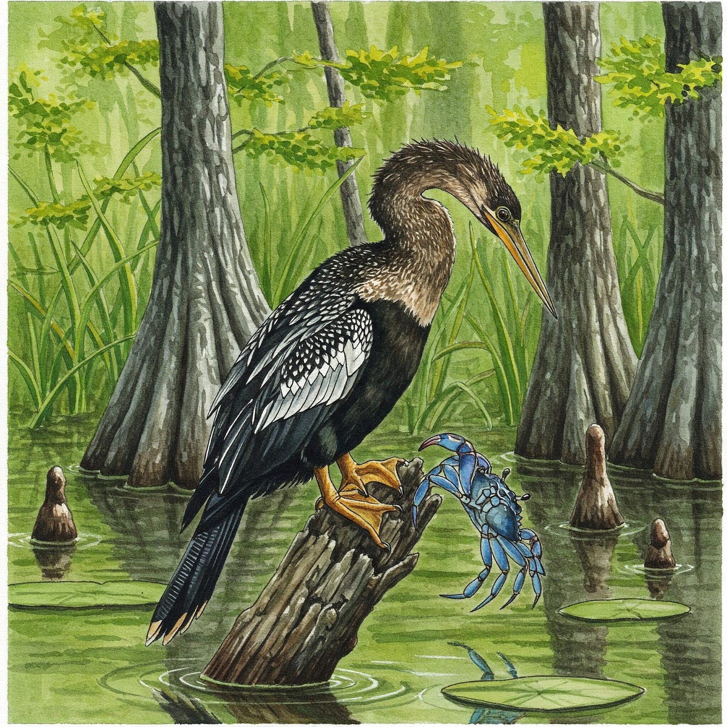 Anhinga bird drying while a juvenile blue crab attacks its foot. Anhinga bird drying while a juvenile blue crab attacks its foot.