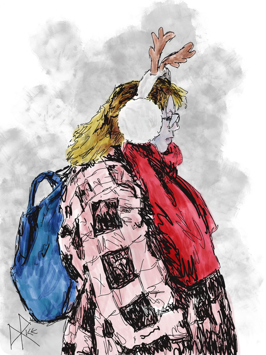 Young woman in a pink plaid coat, red scarf and decorative holiday ‘reindeer antler’ earmuffs. Sketch art by Don Rice.