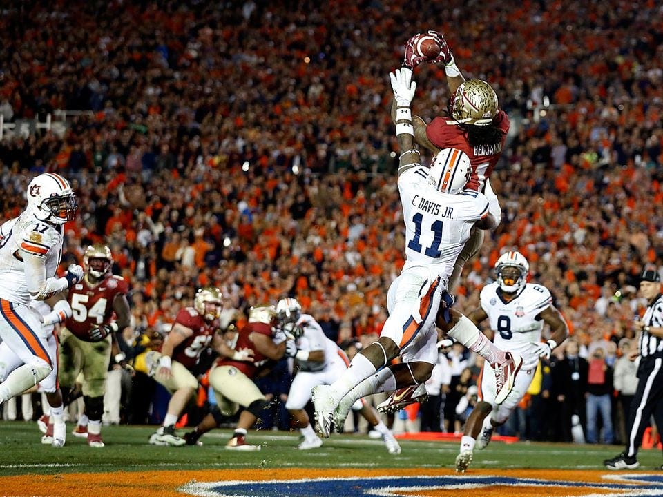 Florida State’s Kelvin Benjamin catches a TD pass over Chris Davis with 13 seconds left. Florida State’s Kelvin Benjamin catches a TD pass over Chris Davis with 13 seconds left.