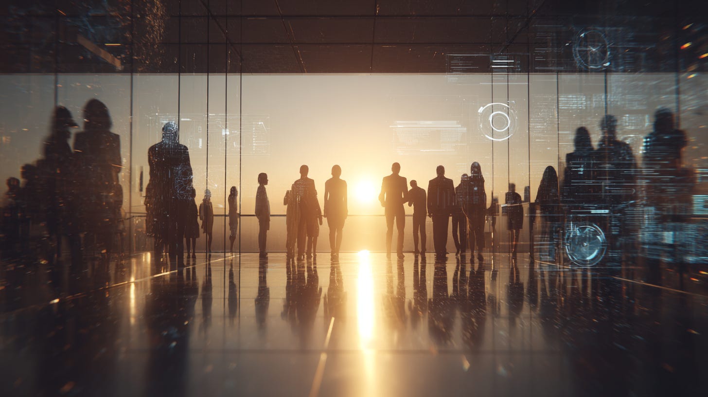 Diverse professionals standing confidently in a modern glass office at dawn, each surrounded by subtle holographic AI interfaces, facing a bright horizon.