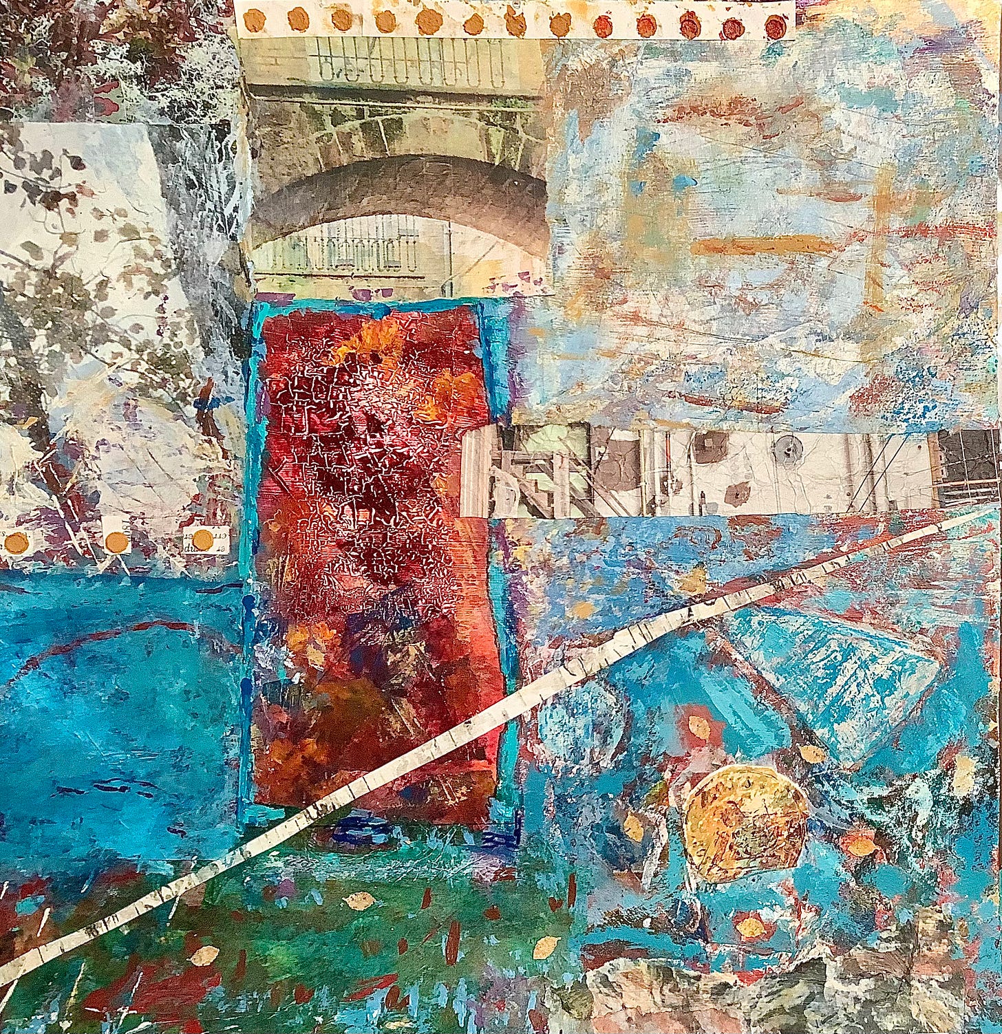 A squarish mostly abstract mixed media piece. The primary colors are blue, yellow and off-white. The focal point is a rectangle outlined in turquoise with red inside. The piece is highly textured, has a brick archway toward the top and a branch of an Aspen tree in the rain.