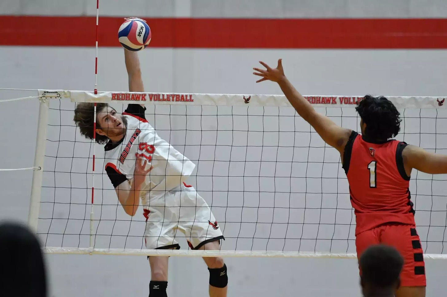 Roberts Wesleyan's Griffin Monrad (18) plays during an NCAA college volleyball game against D'Youville University, Saturday, Jan. 10, 2026, in Rochester, N.Y.