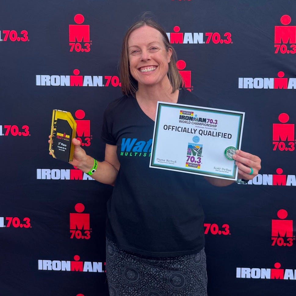 Jane Pilger with age group award and world qualification slot for the Ironman 70.3 world championships in Chattanooga, TN in 2027 awarded at the inaugural Ruidoso 70.3 ironman triathlon