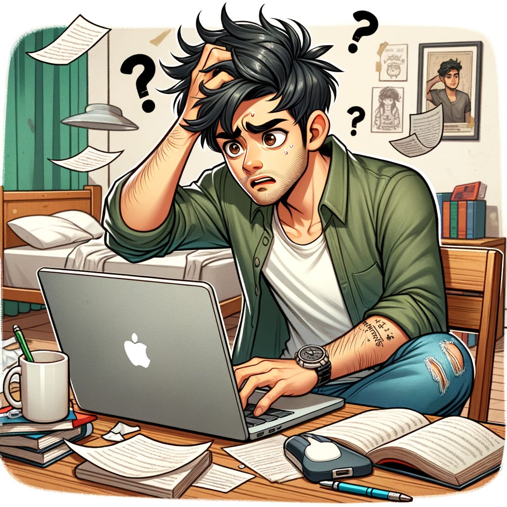 Confused college student working at a Macbook