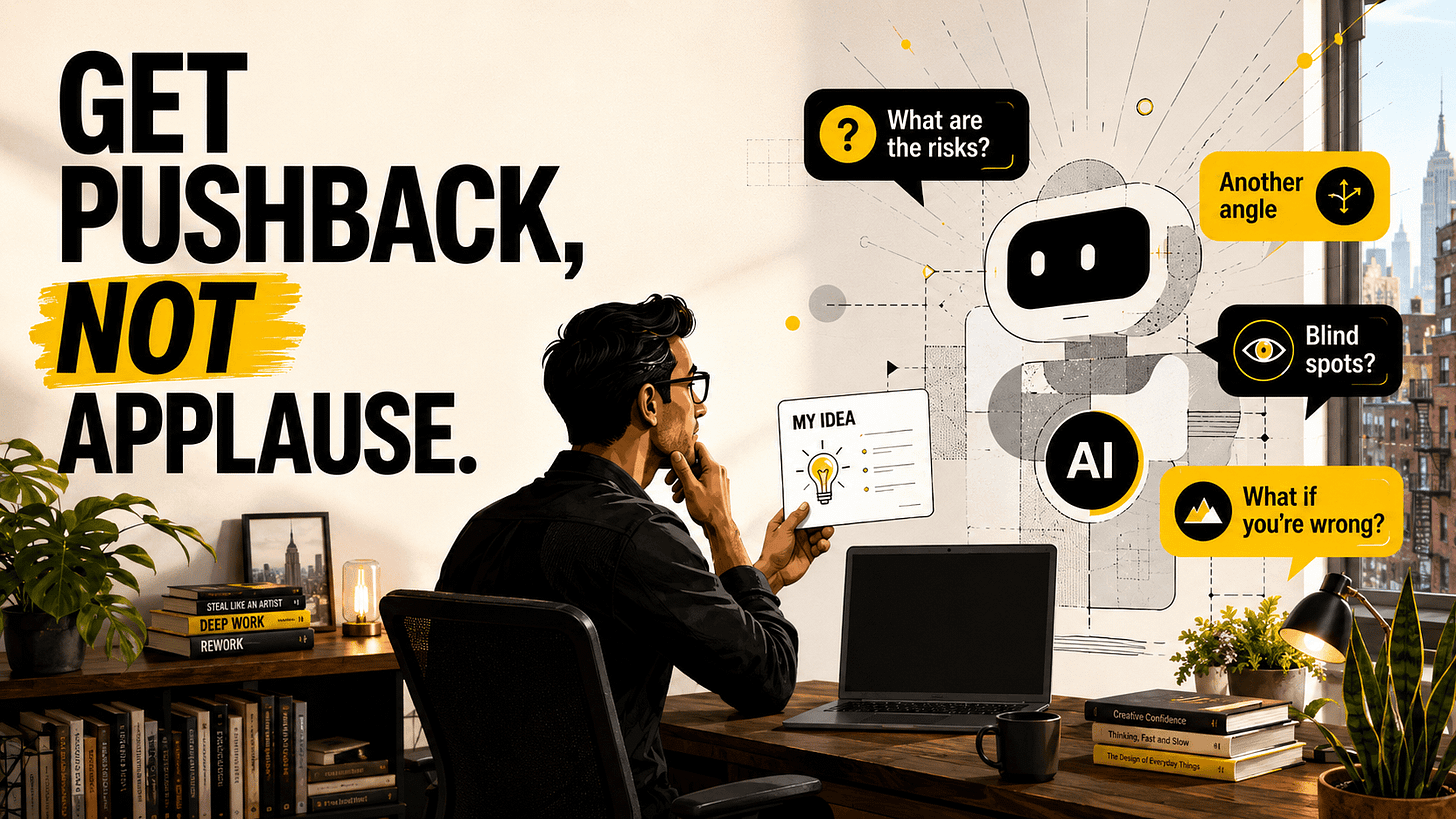 Illustration of a person at a desk asking an AI assistant to challenge an idea with risks, blind spots, and alternative angles.