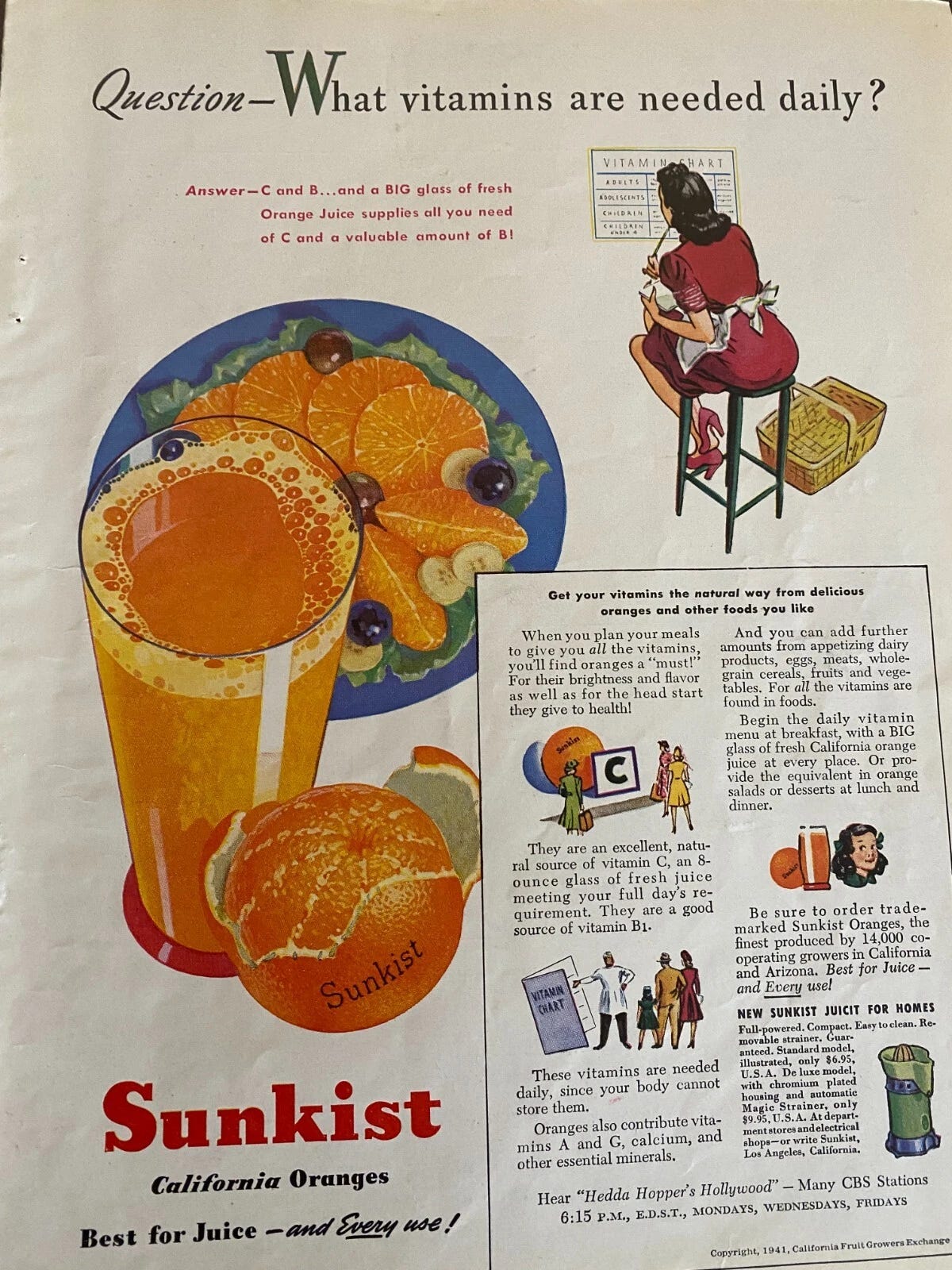 Vintage Sunkist orange juice ad with red/yellow graphics, vitamin C text, and “California Oranges” branding. Vintage Sunkist orange juice ad with red/yellow graphics, vitamin C text, and “California Oranges” branding.