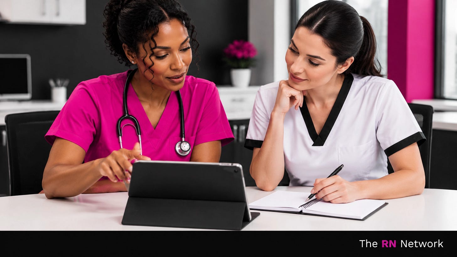 Nurse practitioner and RN discussing career options at a clinic desk