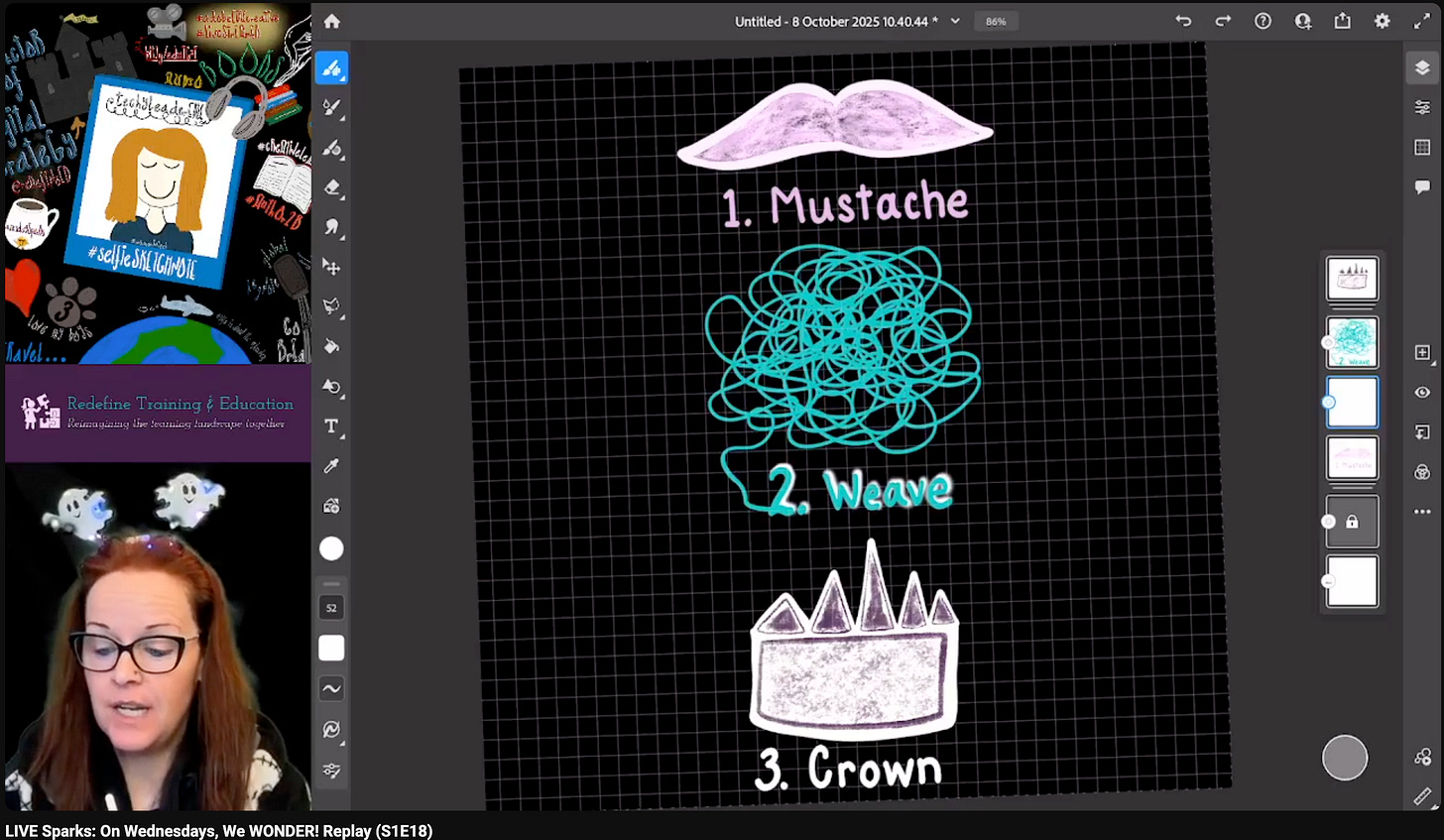 A sketchnote showing the first three Inktober 2025 prompts: a pink mustache, a tangled teal scribble for "weave," and a purple and white crown, created by Georgina Dean.