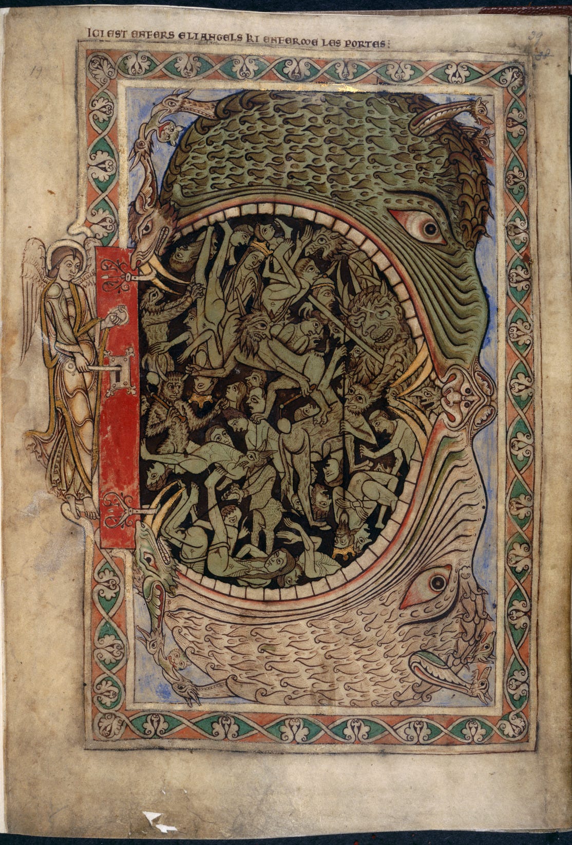 Winchester Psalter page showing a huge open-mouthed Hellmouth with red doors and demons pushing the damned inside