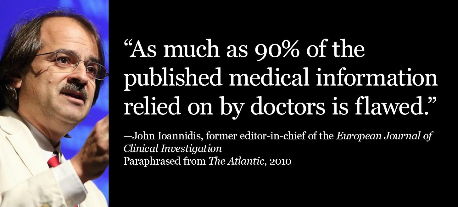 Ioannidis: Up to 90% of the medical info doctors rely on is flawed.