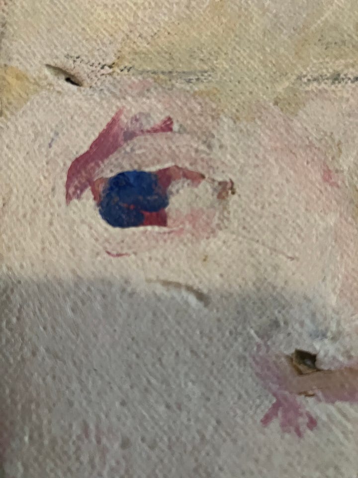 close up of painting of a young blond girl, showing detail of paint