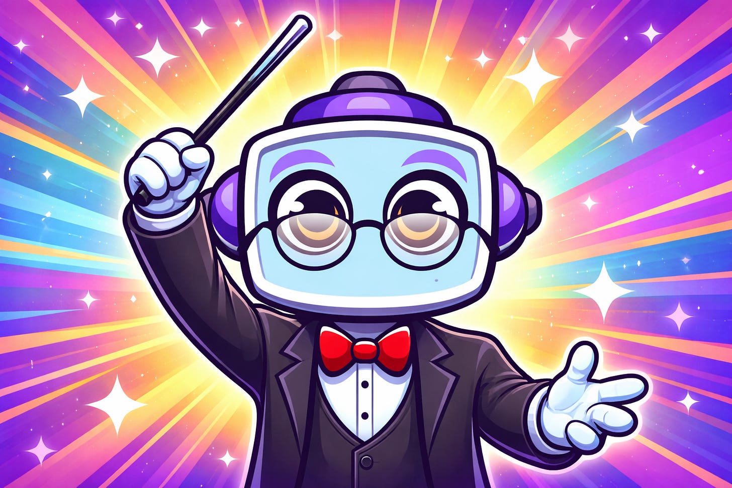 NeuralBuddy character facing forward, raising a conductor’s baton for the final movement against a vibrant purple gradient background.