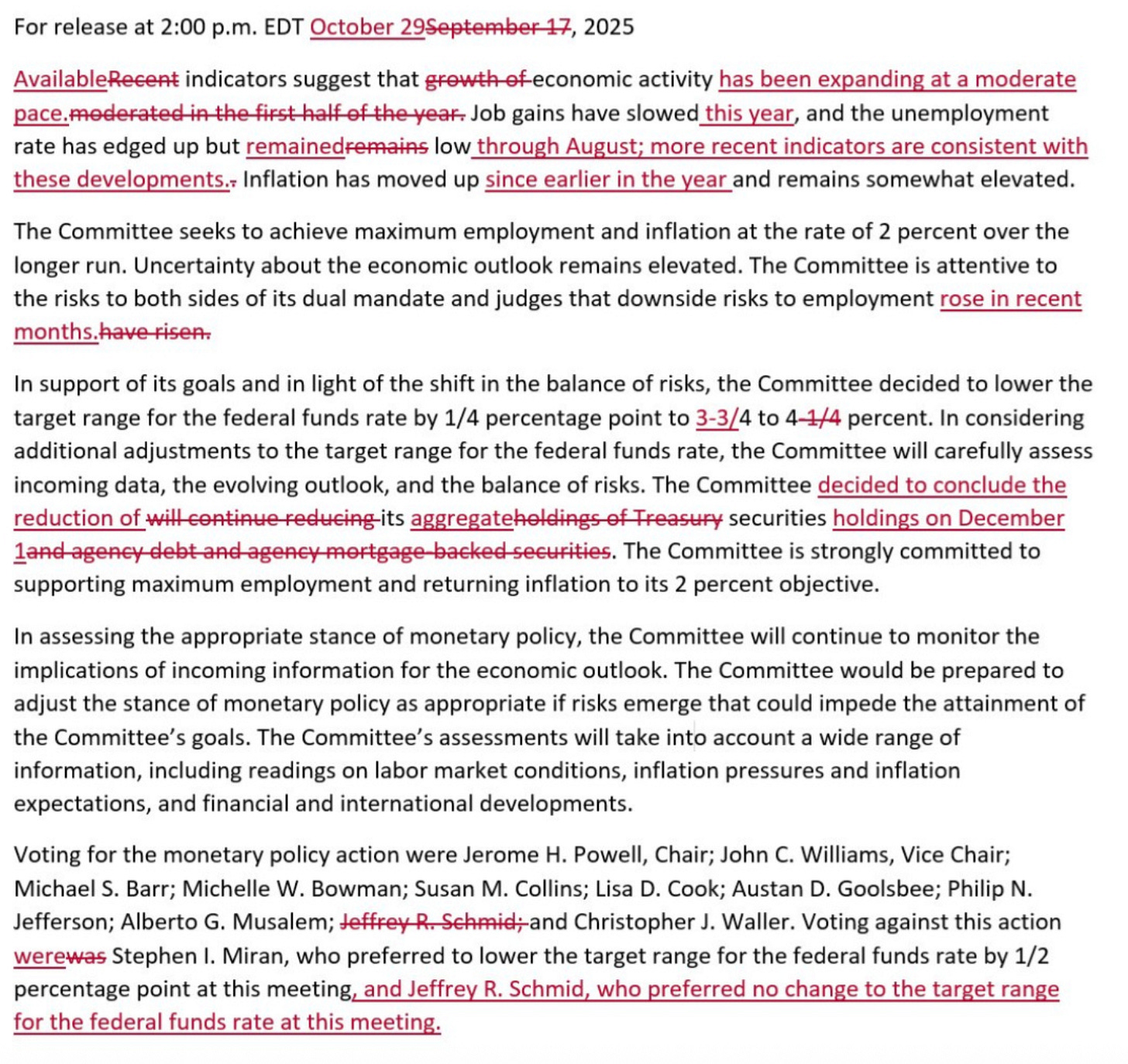 The Federal Reserve statment from October 29th with redacted notes.